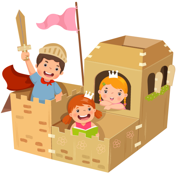 children play in a castle made of cardboard boxes