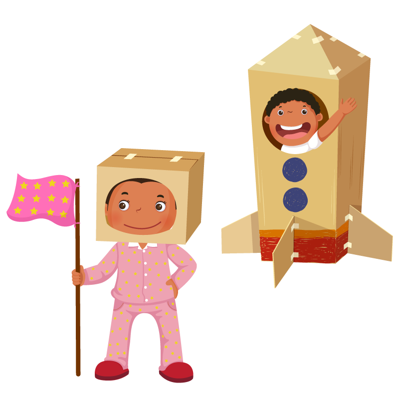 children play with cardboard spaceship