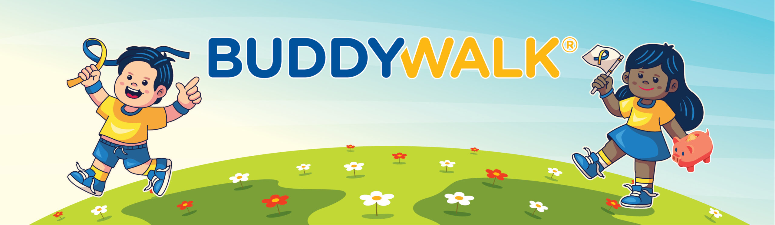 Buddy Walk. los niños corren por el campo