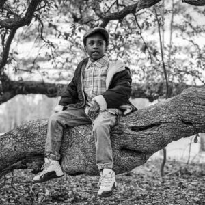 niño sentado en un árbol