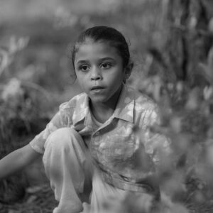 un niño juega en el bosque
