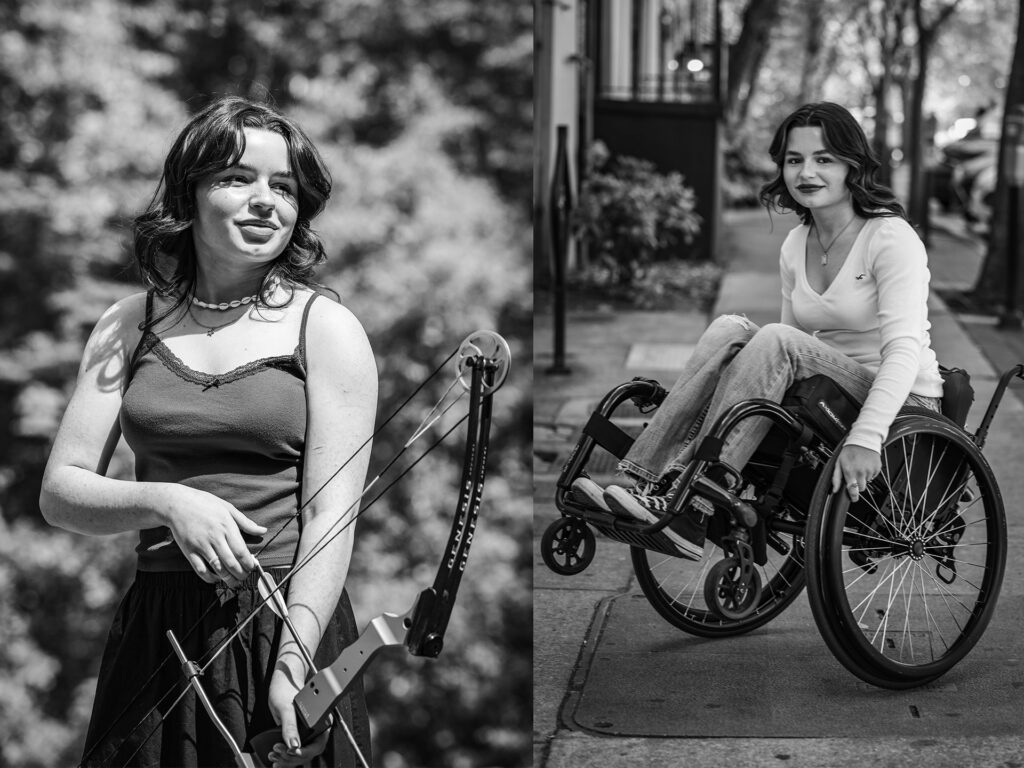 two images on of a young woman with a compound bow and the other of her in a wheelchair